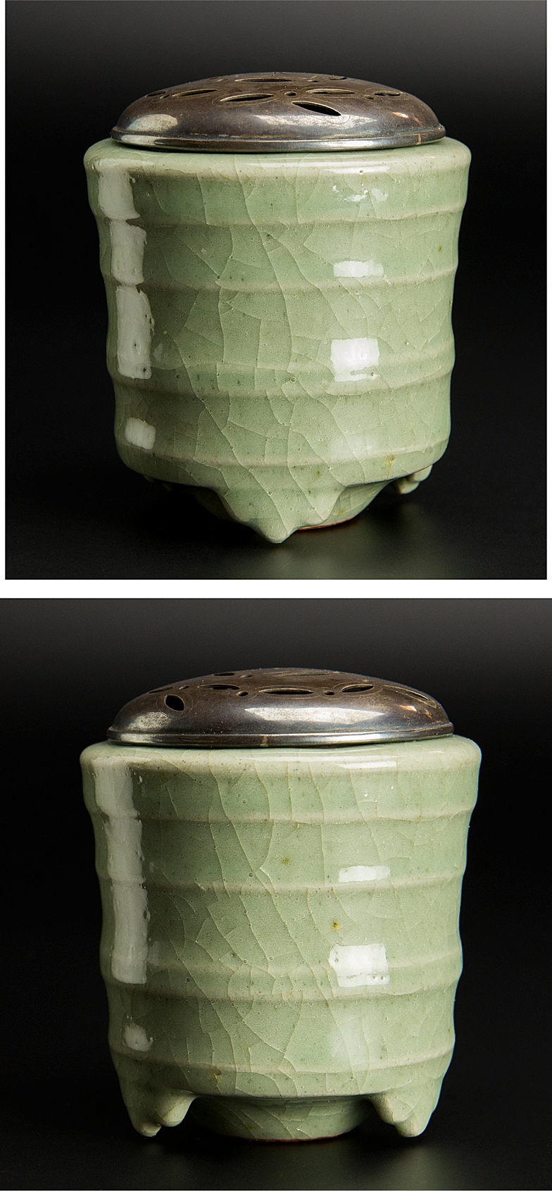 平安 名人 陽山 造 純銀網目火屋付 青磁三足 香炉 茶道具 平安