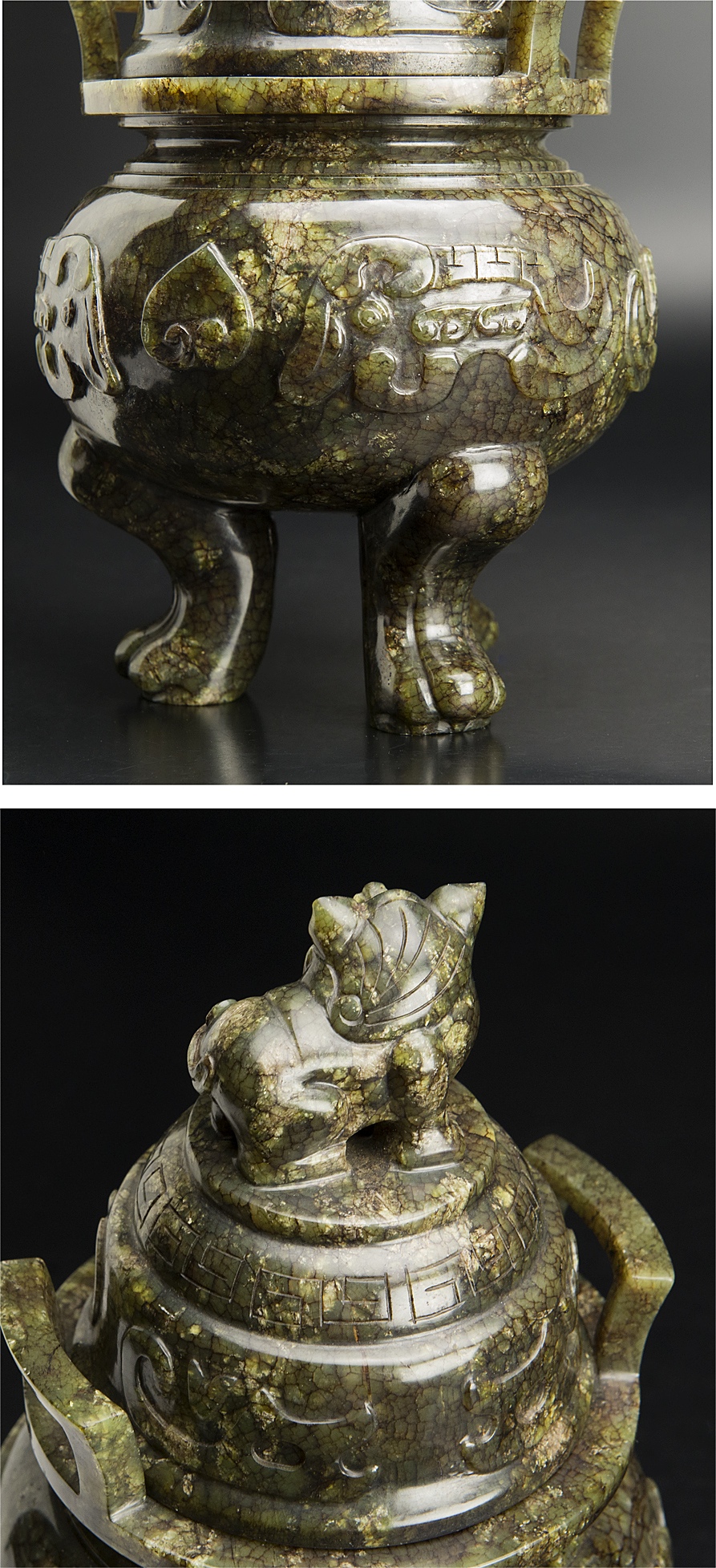 中国 玉石彫刻 雙耳活環 獅子鈕蓋爐 三足香炉 唐木台付 C 8256