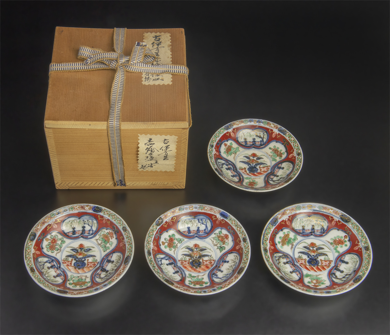 古伊万里 赤絵手塩皿 四客 共箱 江戸時代後期 錦手 豆皿 小皿 古美術 