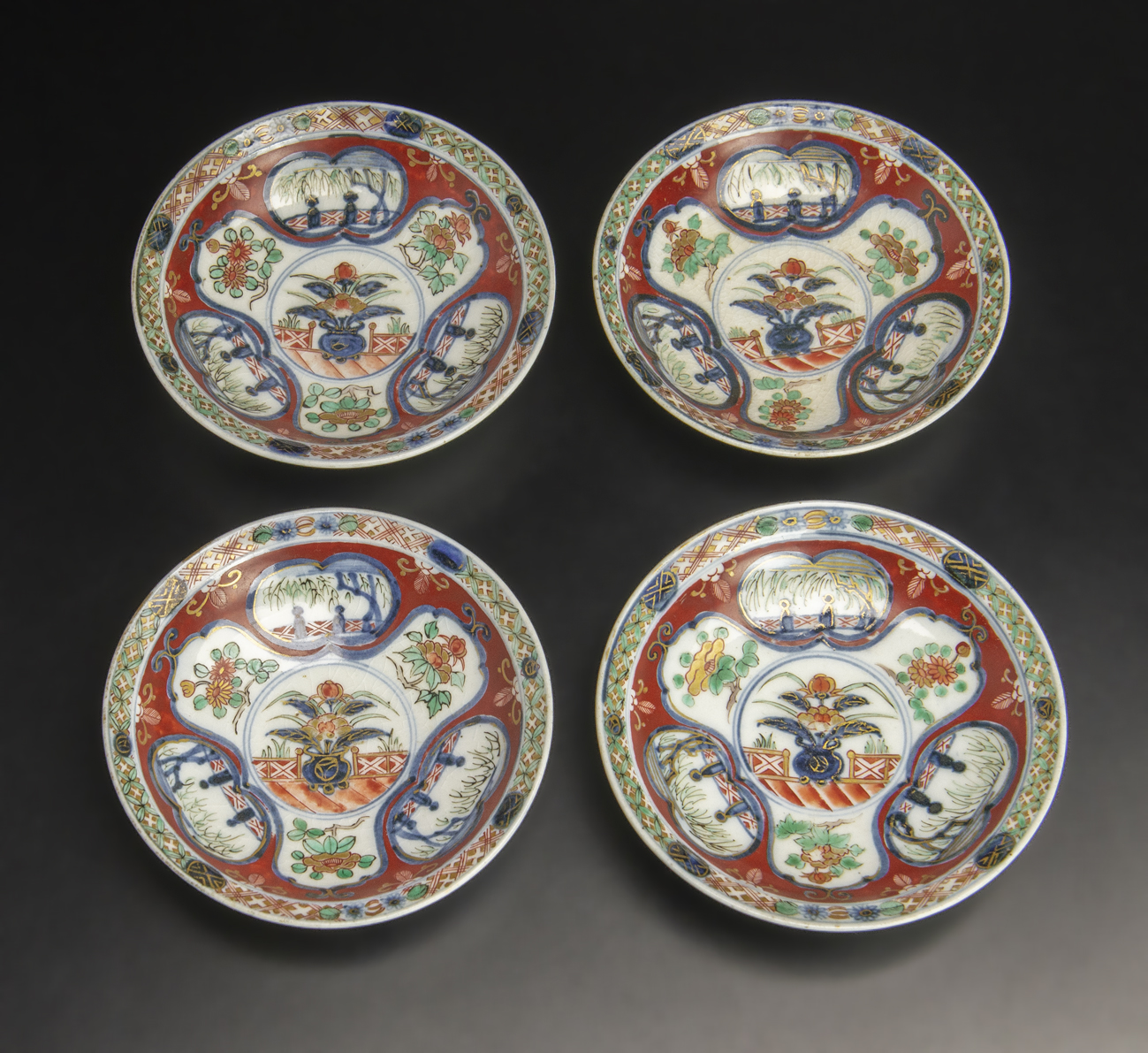 古伊万里 赤絵手塩皿 四客 共箱 江戸時代後期 錦手 豆皿 小皿 古美術 